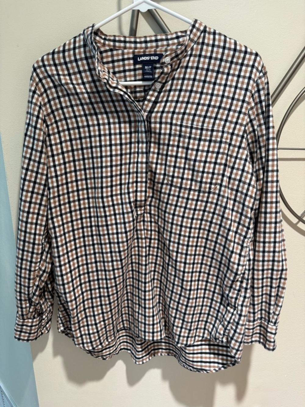 Lands' End Plaid Button-Front Shirt Brown & Black Size M/P 100% Cotton Feminine